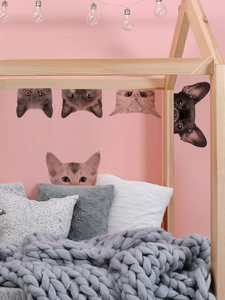 Details von 3D-Wandtattoos mit Katzen und Hunden über einem Bett in einem modernen Schlafzimmer