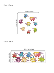 Detailed wall sticker layout and paste effect showing 3D geometric shapes and sizes