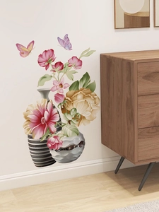 Floral wall stickers with colorful flower vases and butterflies in a modern living room