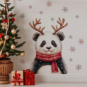 Aquarell-Weihnachtspanda-Wandtattoo mit Geweih und rotem Schal für festliche Deko
