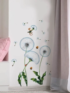 Detail of blue dandelion wall decals featuring a small mouse, bees and ladybugs