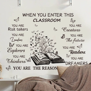 Stickers muraux inspirants pour salle de classe avec livres, papillons et citations déco
