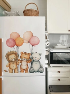 Detail of cute watercolor animal wall stickers with balloons on a white refrigerator