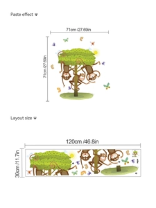Detail showing layout and paste effect of three monkeys and butterflies wall sticker