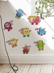 Detail of 8 cartoon geometric wall stickers with cute faces and English educational names