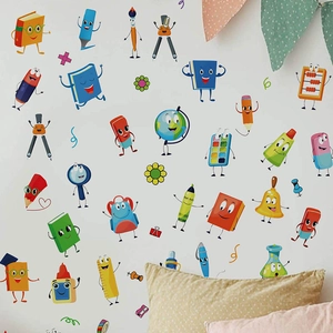 Cute cartoon stationery wall stickers for kids room featuring personified pencils and globes