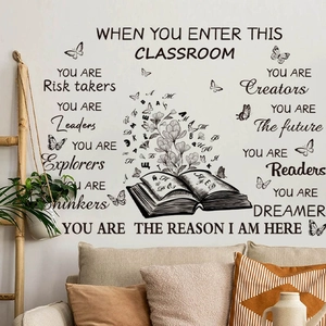 Sticker mural inspirant pour salle de classe avec livres et papillons sur mur