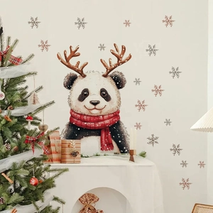 Weihnachts-Panda-Wandtattoo mit Rentiergeweih und Schneeflocken für festliche Dekoration