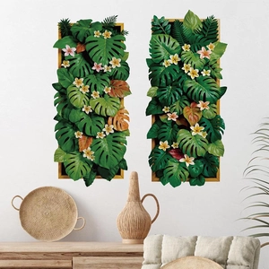 Set di 2 adesivi murali 3D piante verdi con foglie di monstera e piccoli fiori
