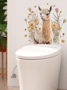 Detail of cute alpaca with yellow roses PVC wall sticker applied to home bathroom wall