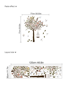Detail of birdcage and flower tree wall decal layout and its finished 77x77cm dimensions