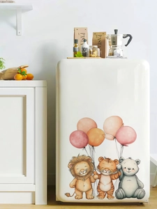 Detail of cartoon lion and bear wall stickers with balloons on white surface