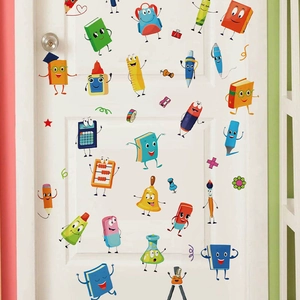 Self-adhesive PVC cartoon stationery wall stickers featuring cute personified school supplies