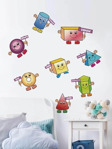 Detailed view of 8 colorful cartoon geometric wall decals for children's educational decor