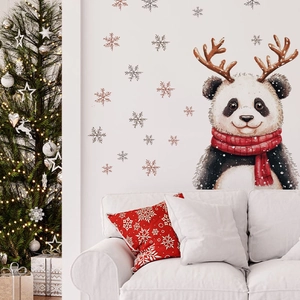 Weihnachts-Panda Wandaufkleber mit Rentiergeweih und rotem Schal für festliche Dekoration