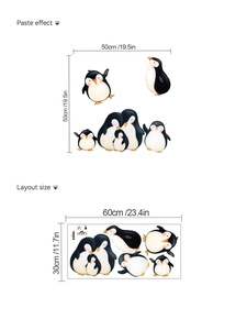 Detail view of penguin family wall sticker with paste effect and layout dimensions