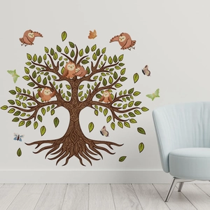Cartoon owl and butterfly wall stickers on a brown tree for living room and bedroom decor
