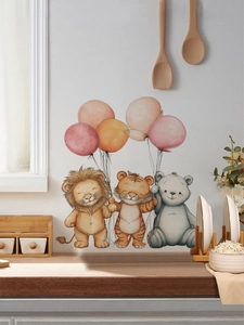 Detail of cartoon lion, tiger and bear holding balloons wall stickers in home setting