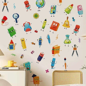 Cartoon school supplies wall stickers featuring cute pencils and rulers for kids rooms