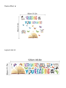 Détail du sticker mural avec citation de lecture, papillons et dimensions de pose
