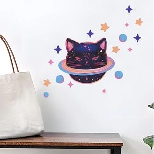 Cosmic cat and galaxy star wall stickers for a dreamy nursery bedroom decoration