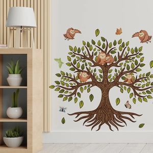 Artistic tree wall sticker with owls and butterflies for living room home decor