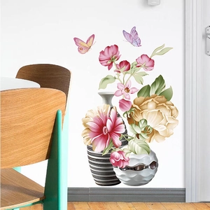 Floral wall stickers featuring pink flowers, butterflies, and vases for home decoration