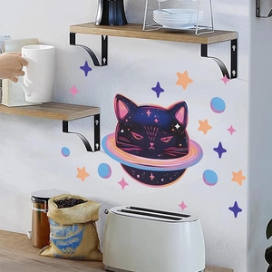 Space cat and colorful planets wall decals for bedroom decor on a white background