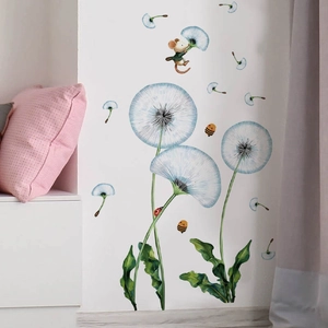 Blue dandelion wall stickers with cute insects for a cozy bedroom and living room decor