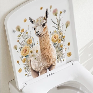 Self-adhesive PVC wall sticker featuring an alpaca with yellow roses on a toilet cover