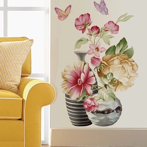 Self-adhesive floral wall sticker with vases and butterflies for bedroom wall decor