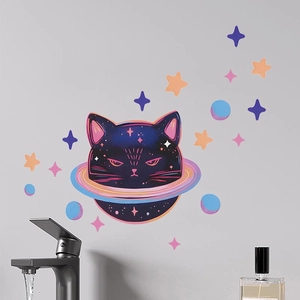 Space cat wall sticker with colorful planets and stars on a gray background