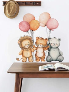 Detail of cute animal wall stickers featuring a lion, tiger, and bear with warm balloons