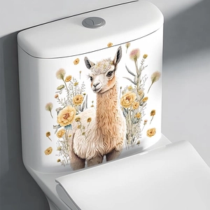 Cute alpaca with yellow daisy flowers wall decal on a white ceramic toilet tank