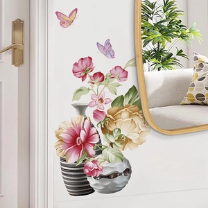 Self-adhesive floral wall stickers with butterflies and vases for living room decoration