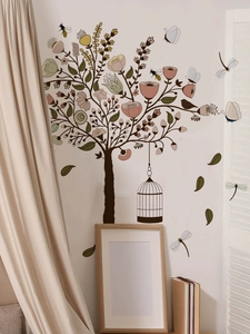 Close-up of Morandi-colored PVC wall stickers showing floral tree, birdcage and butterflies
