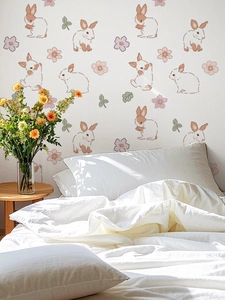 Bedroom wall scene featuring cute cartoon rabbits and pastel floral PVC wall stickers