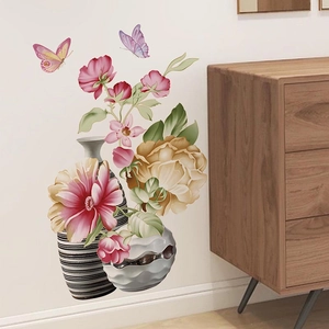 Peony flower wall decals with butterfly and striped vase for living room home decor