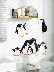 Waterproof watercolor penguin family wall stickers applied in a modern bathroom scene