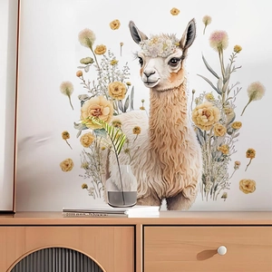 Self-adhesive wall sticker featuring an alpaca with yellow roses for home decor