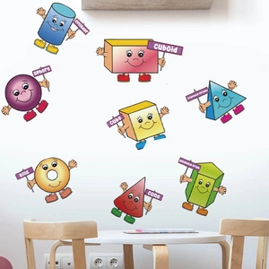 Cartoon 3D geometric shapes wall stickers with English names for kids room decor