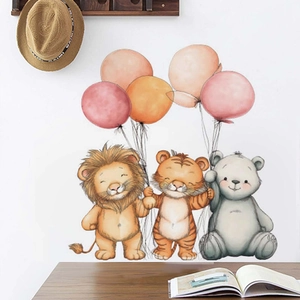 Cartoon Animals With Balloons Wall Sticker PVC Watercolor Lion Tiger Bear Removable Self Adhesive Nursery Kids Room Decor
