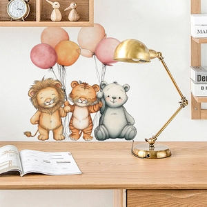 Cartoon animals with balloons wall sticker featuring a lion tiger and koala for nursery decor