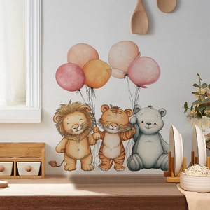 Watercolor animal wall stickers with lion, tiger and bear holding colorful balloons