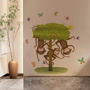 Cartoon tree wall sticker with three playful monkeys and colorful butterflies for kids room