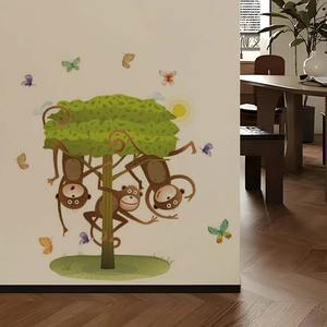 Cartoon monkeys and tree wall stickers with butterflies for children's room decor