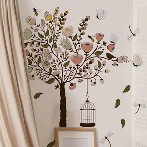 Creative nature wall sticker with tree birdcage butterfly and colorful flower design