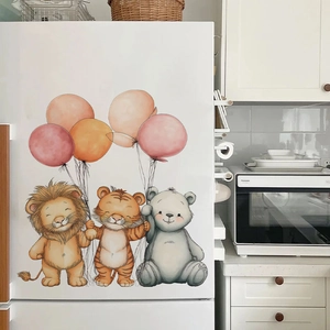 Watercolor animal wall stickers featuring a lion and bear with balloons for home decor