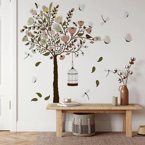 Floral tree wall decal with hanging birdcage and insects for bedroom wall decor