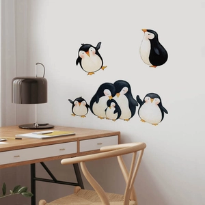 Cute penguin family wall stickers for home decor, self-adhesive PVC decals for bedroom